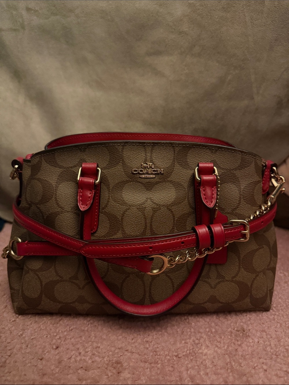 Coach Mini Sage Carryall in Signature Canvas.
Red Trim